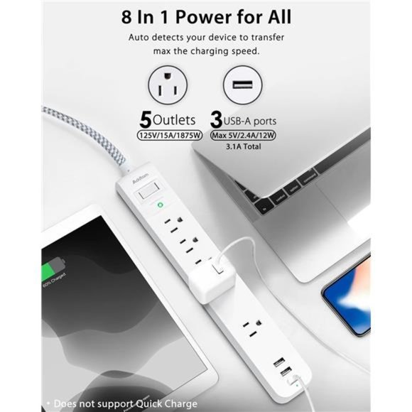 2 Pack Power Strip Surge Protector - 5 Outlets 3 USB Charging Ports w/ 5Ft,White - Picture 2 of 7